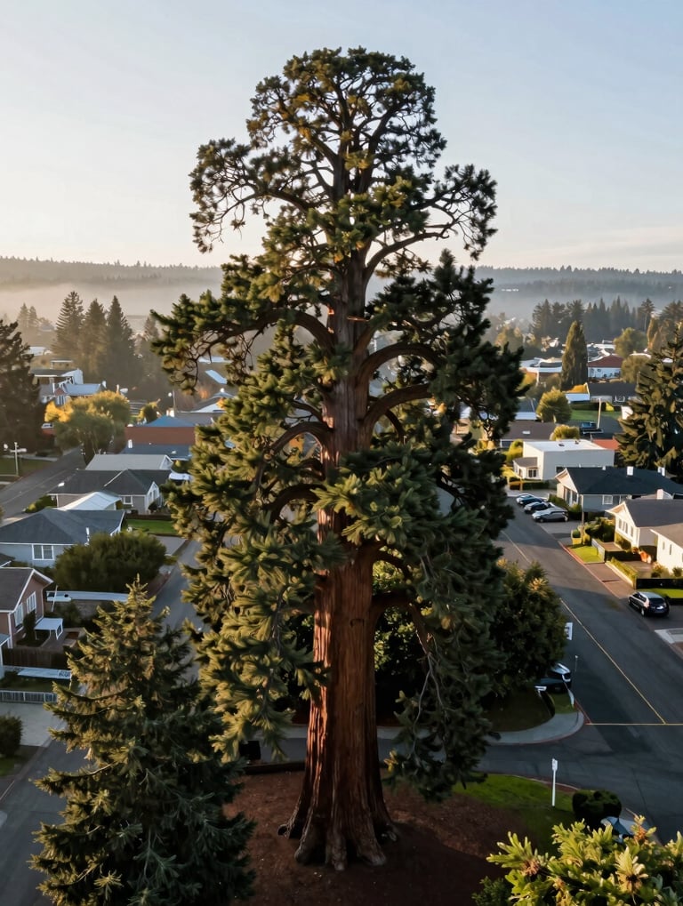 A professional aerial photograph of a towering Giant Sequoia's crown, set against the backdrop of a quiet residential neighborhood in Eugene, Oregon. The composition emphasizes the tree's height and ancient presence in a North American / US Pacific Northwest urban setting. Soft morning light.