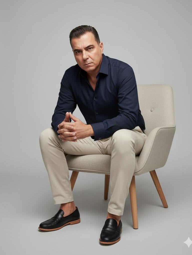 Homem bonito de meia idade com camisa social azul, calça caqui e sapato sem meia 