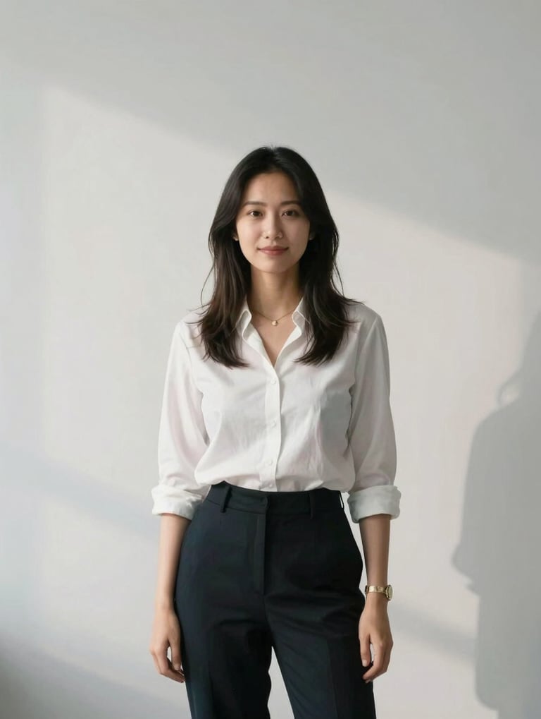 A portrait of a creative professional in a North American corporate environment, minimalist attire, standing in front of a white wall with subtle shadows, sophisticated and confident mood.