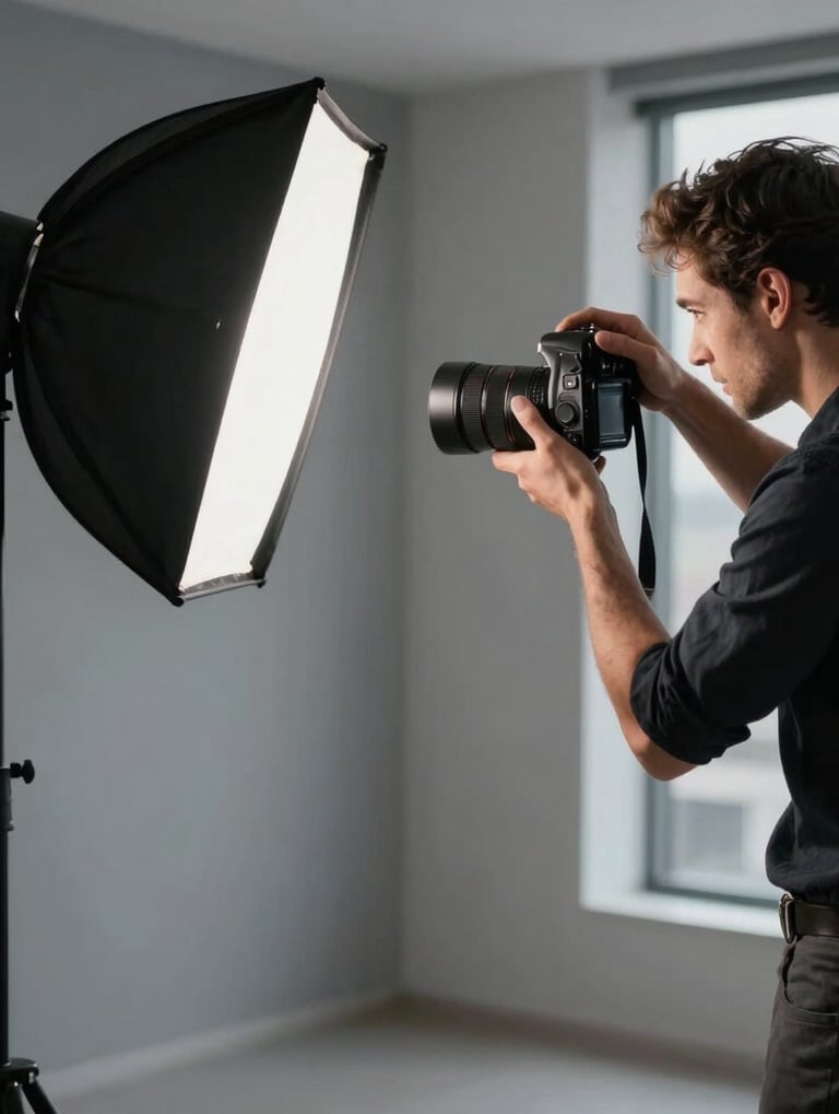Professional photography session in a modern corporate setting in Brazil. A photographer is adjusting studio lighting for a high-end business portrait. Minimalist gray and black tones, sharp focus, professional excellence.