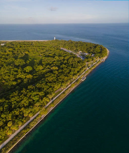 aerial view of seawall on peninsula