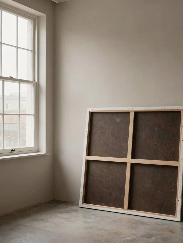A wide-angle, minimalist photograph of a personal art studio with a single large canvas leaning against a clean taupe wall. A tall window provides soft, natural light, creating a curated aesthetic. International / Western setting. Colors: taupe, dark brown, and cream.