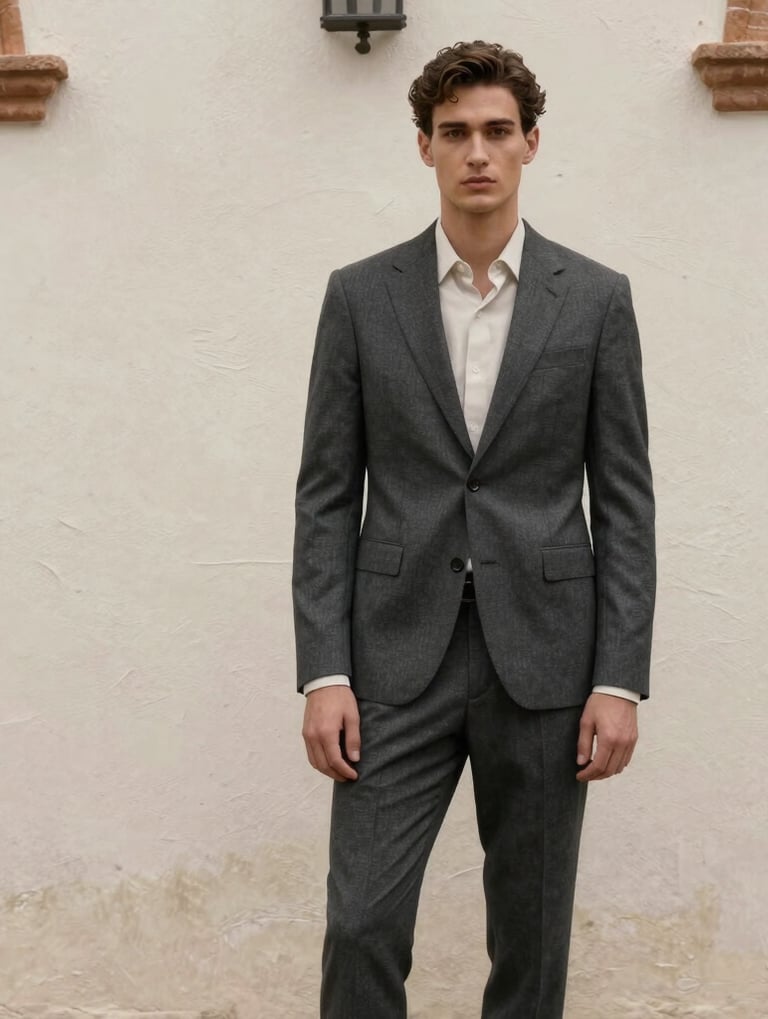 An editorial fashion shot of a model in a charcoal suit standing against a textured off-white wall in a Southern European / Spanish architectural setting, moody natural light.