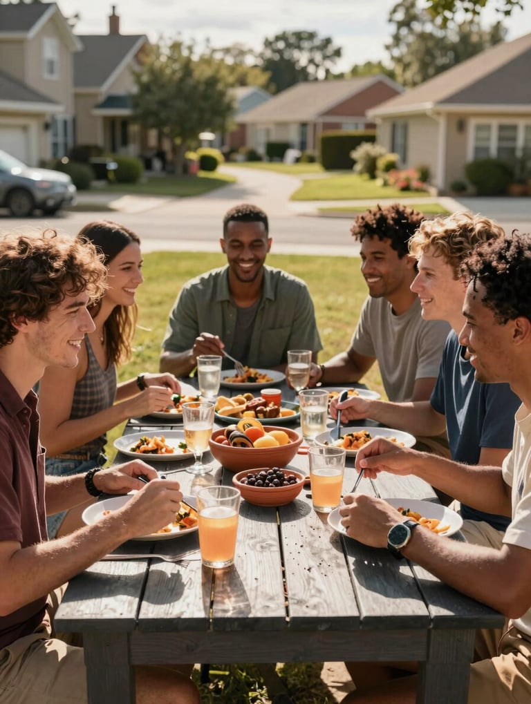 Candid lifestyle photography of a group of friends sharing a meal at a backyard BBQ in a North American suburb, warm sun-drenched atmosphere, Charcoal wooden table, Terracotta accents, cinematic lighting.
