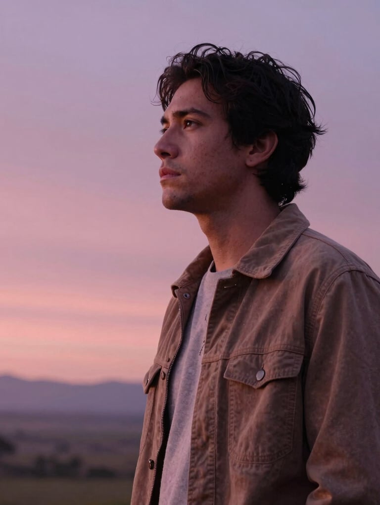 A cinematic portrait of a male musician looking thoughtfully at the horizon during dawn in a South American landscape. The lighting is dominated by salmon pink and muted mauve purple tones, creating an authentic and soulful mood.