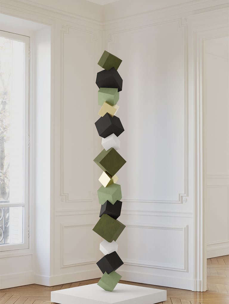 Sculpture Pyrite noire monochrome sur socle blanc