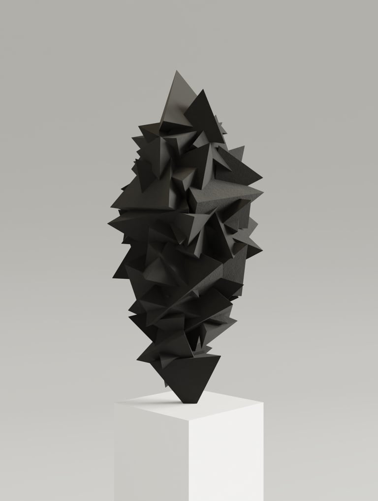Sculpture Dodecahedron monochrome noire sur socle blanc