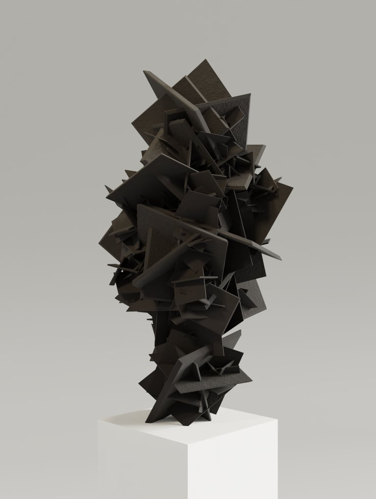 Sculpture Wulfenite monochrome noire sur socle blanc