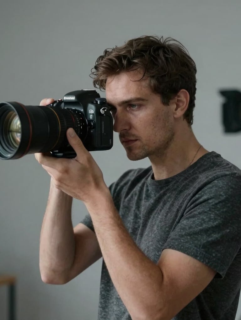 Atmospheric portrait of a photographer at work in a minimalist studio, professional equipment visible but blurred, focused expression, cinematic lighting with gray and charcoal tones, International Professional.