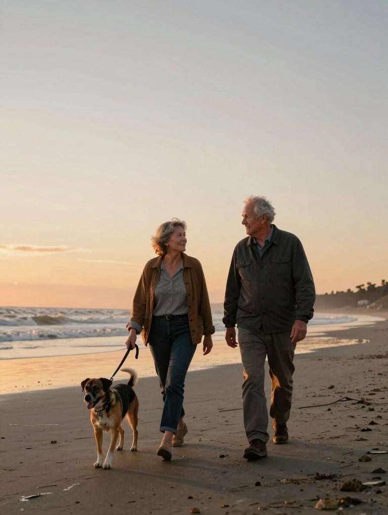 An older couple walking a dog on a North American / US beach at sunset. Cinematic, wide shot, warm colors, authentic emotion, Charcoal and Warm Brown accents in the attire.