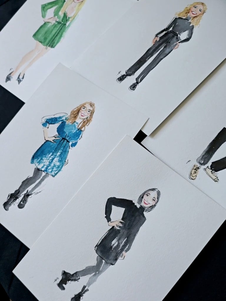 Bespoke live fashion illustrations in ink and watercolor by Sonya Parra