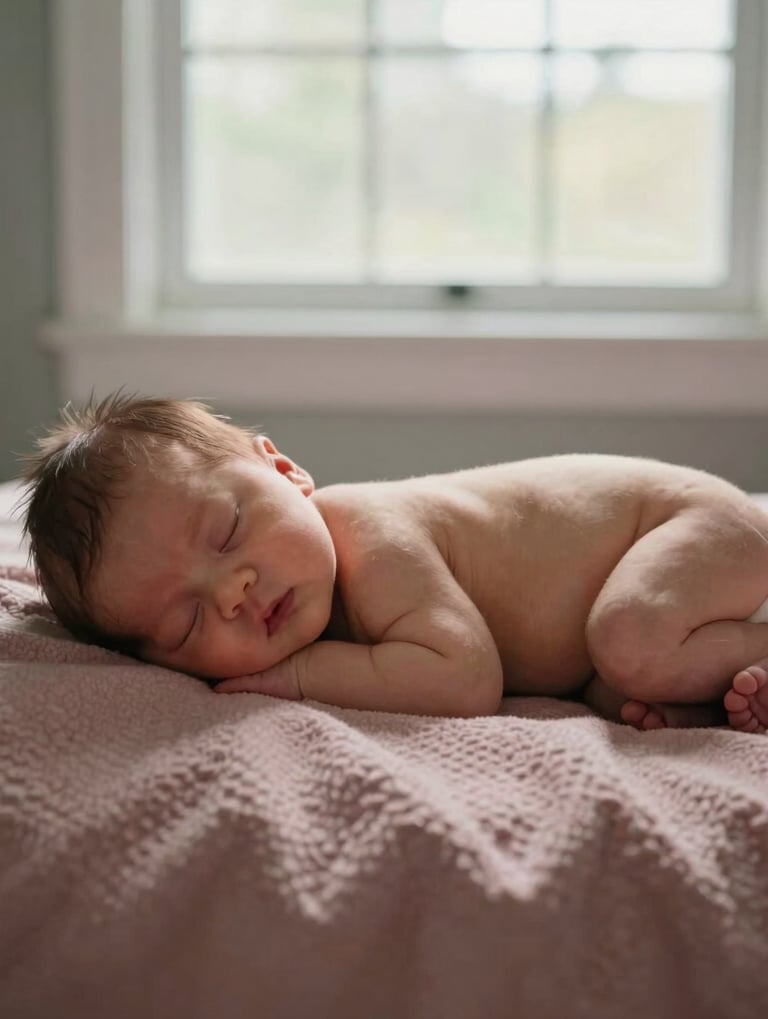 A peaceful lifestyle photography scene of a newborn baby sleeping on a textured dusty rose blanket. Soft, natural side-lighting from a large window in a North American / US (West Michigan) nursery setting, creating a sophisticated and warm atmosphere.