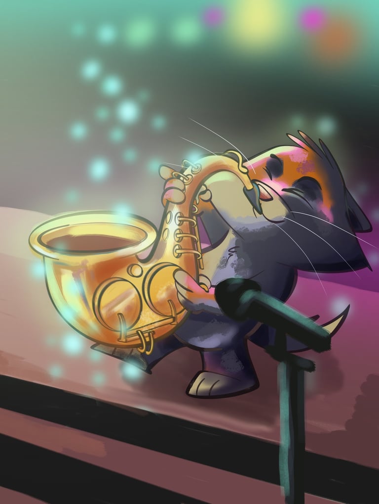 An illustrated anthropomorphic cat plays a glowing golden saxophone on a dimly lit stage. The cat le