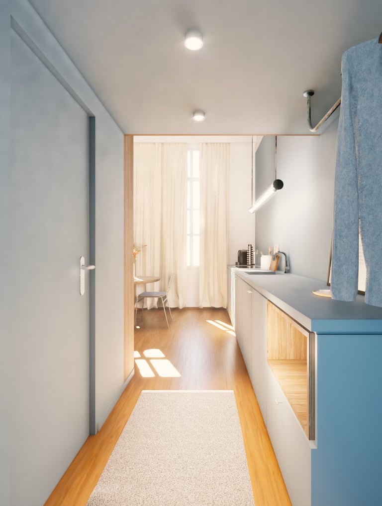 hall d'entrée peint en bleu pastel, continuité avec la cuisine linéaire