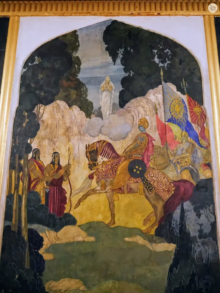 Umaid Bhawan palace painting of Lava and Kusha with Sita’s reunion with Mother Earth, painted in classical European-style.