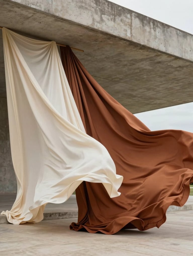 A sophisticated editorial photograph focusing on architectural fashion draping. Fine silk textiles in soft cream and terracotta-brown gracefully flowing in the wind against a modernist concrete pavilion in Brazil. Soft, diffused daylight, editorial magazine style, cinematic and poetic composition.