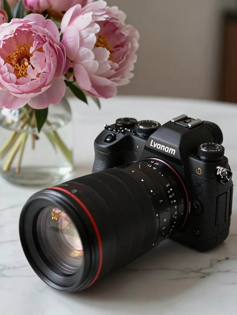 An artistic composition of a professional high-end camera and specialized lenses on a marble surface next to a vase of dusty rose peonies, soft natural light, luxury photography brand aesthetic.