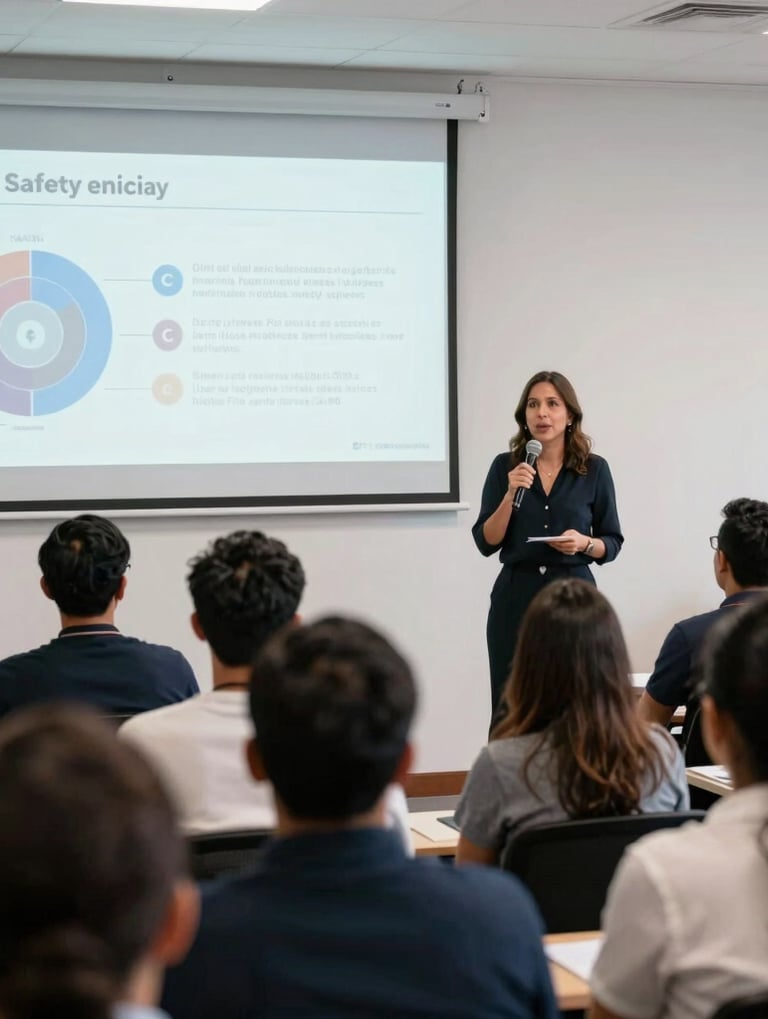 An engaging, bright photograph of an educational workshop on digital safety in Mexico City. A female professional speaks to a diverse Mexican / Latin American audience, with educational slides projected onto a clean, minimalist white wall.