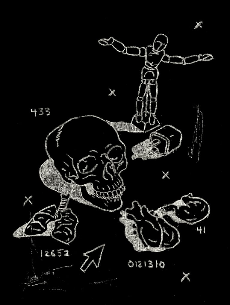 black and white digital painting of human anatomy a phone charger a computer mouse and computer codes and a figurine