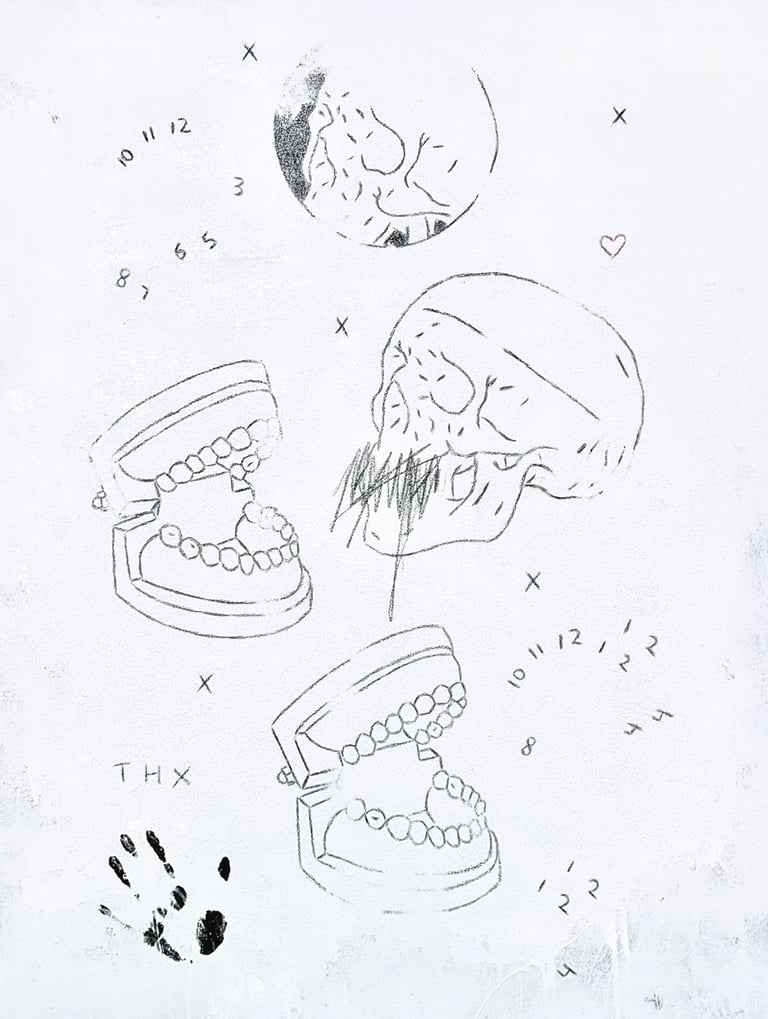 rough anatomical painting with skulls redactions dental anatomicla models and a hand print