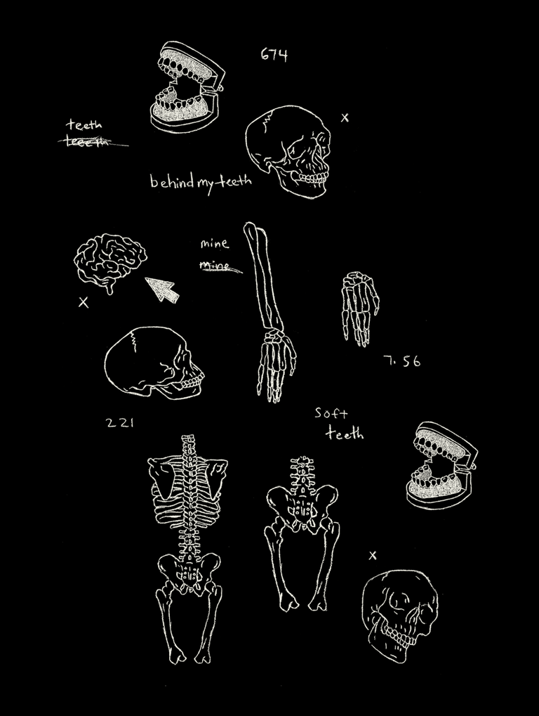 black and white digital art of the human anatomy with cryptic text and computer codes