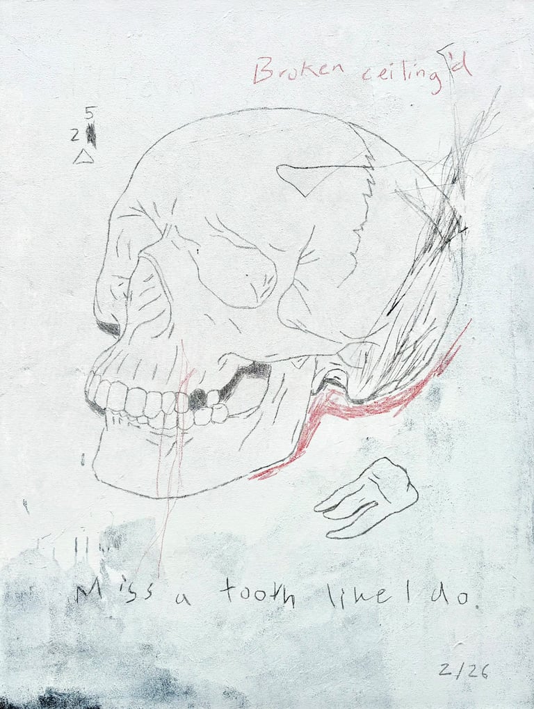 broken ceiling, missing tooth, painting of a human skull exploring themes of mortality and memory