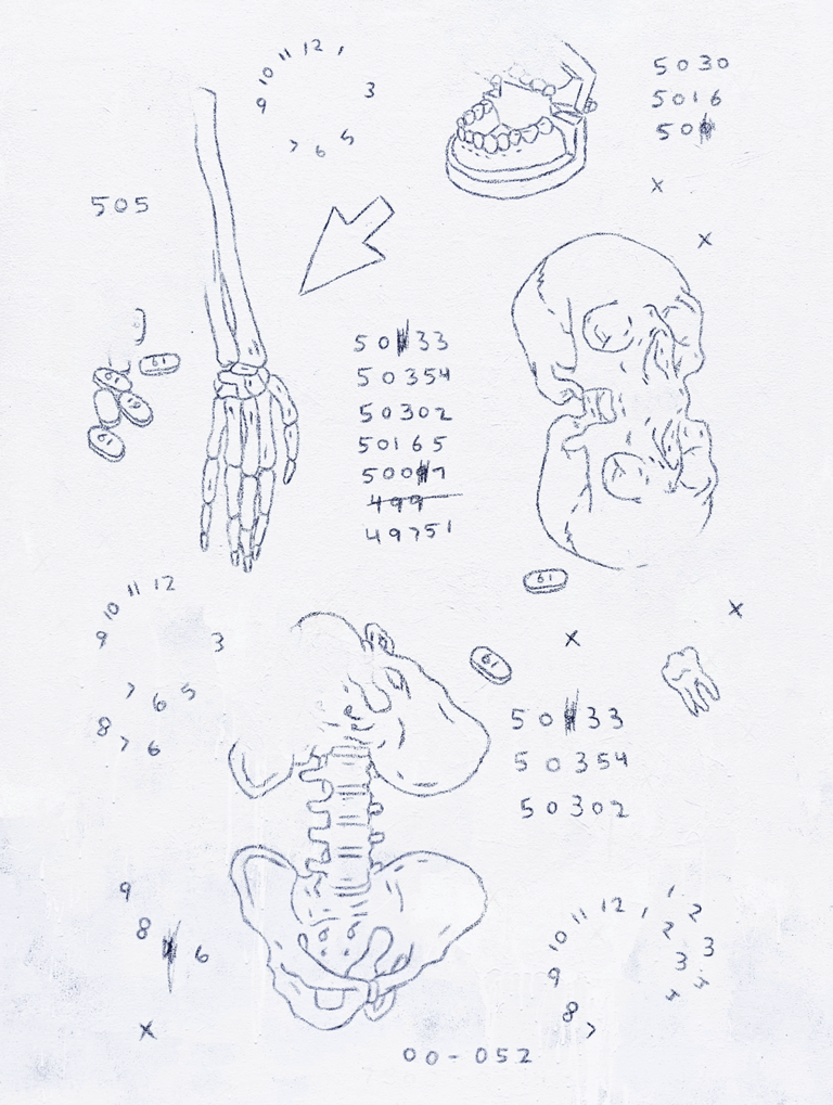 mixed media painting of reflected human anatomy pills a tooth a computer mouse and computer codes