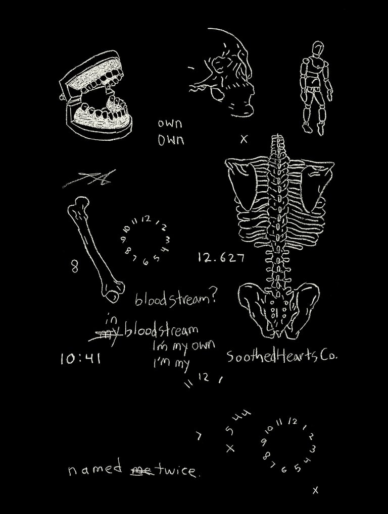 black and white digital art of the human anatomy with clocks and computer codes and cryptic text