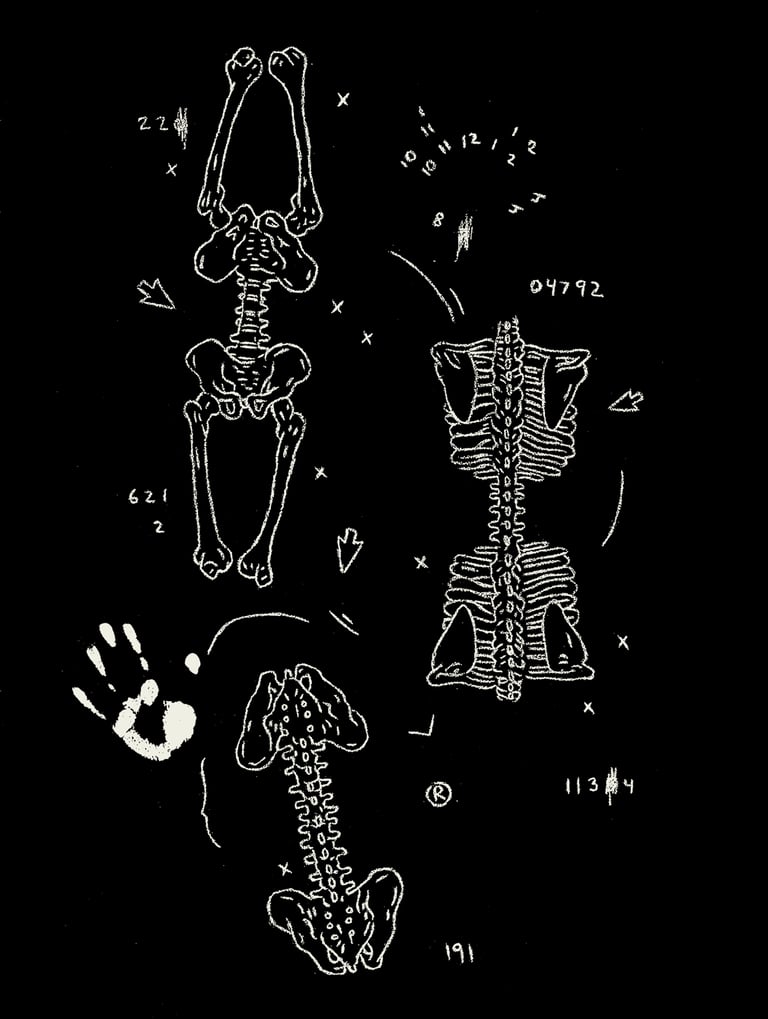 Black and white digital art of human anatomy computer codes and a handprint