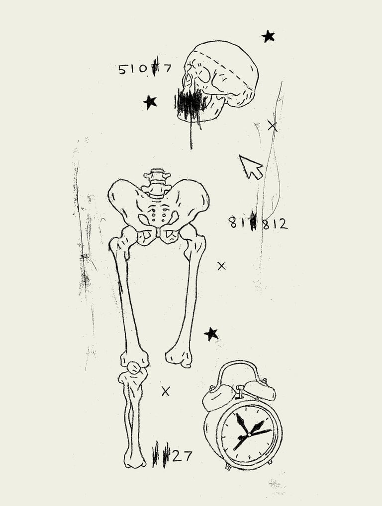 digital art of a human skull and pelvis with a clock stars and computer codes and a computer mouse