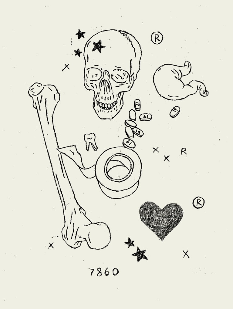 Rough digital art of the human anatomy skull femur stomach heart roll of tape tooth and pills