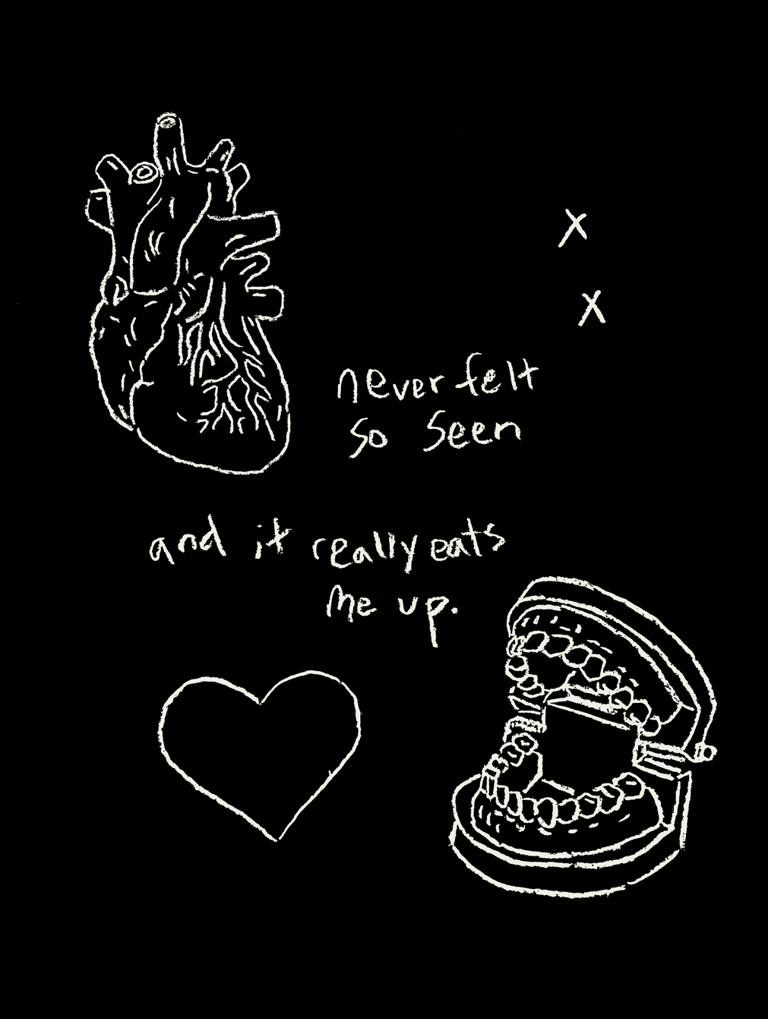 Rough digital art of teeth a heart and cryptic text
