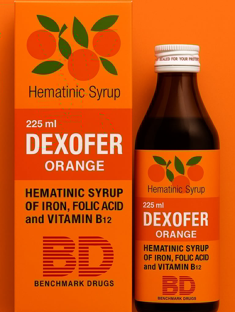 alt="Dexofer Orange iron and vitamin syrup for blood health by Benchmark Drugs"