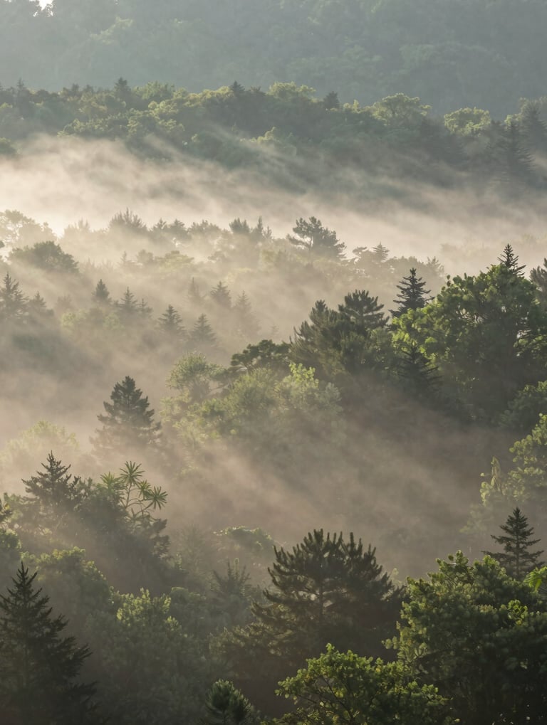 Ethereal sunlight rays piercing through a dense morning fog in a North American deciduous forest, high-quality landscape photography, capturing a serene and sophisticated natural atmosphere.