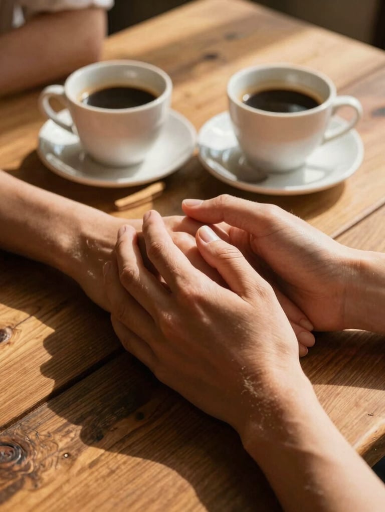 A details-focused lifestyle photograph of two hands gently holding each other on a rustic, sun-warmed wooden table with two coffee cups. Warm shadows, golden hour light, peaceful and intimate atmosphere in Southern Europe.