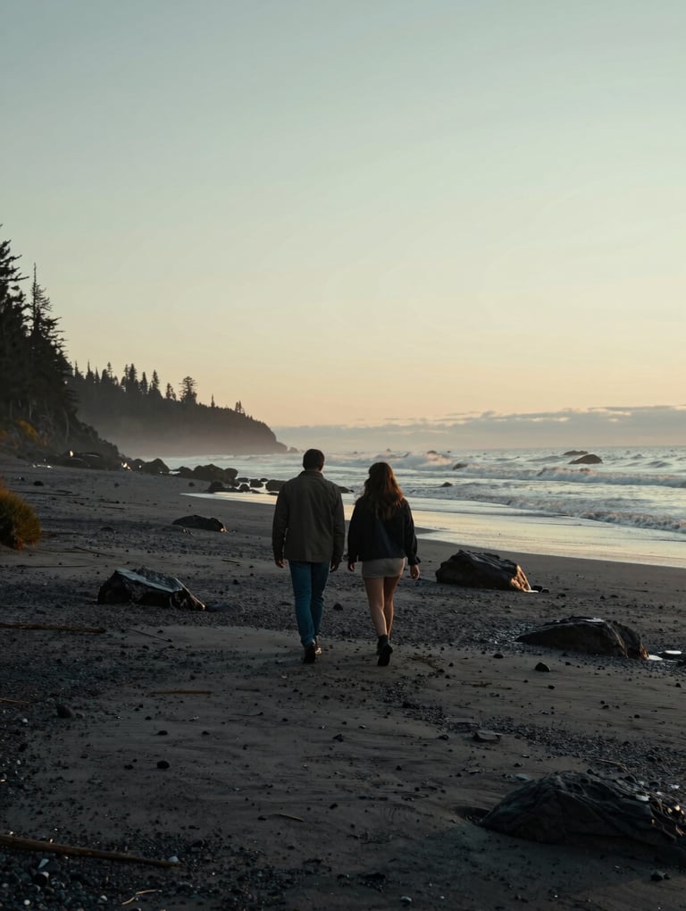 Wide cinematic shot of a couple walking along a rugged North American coastline, soft sunset lighting, charcoal and soft sand color palette, authentic and intimate mood.
