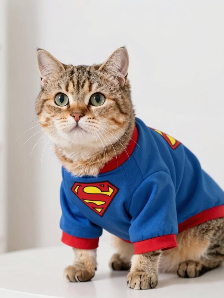 Un lindo gato atigrado con una camiseta azul de Superman, sentado sobre una mesa blanca.