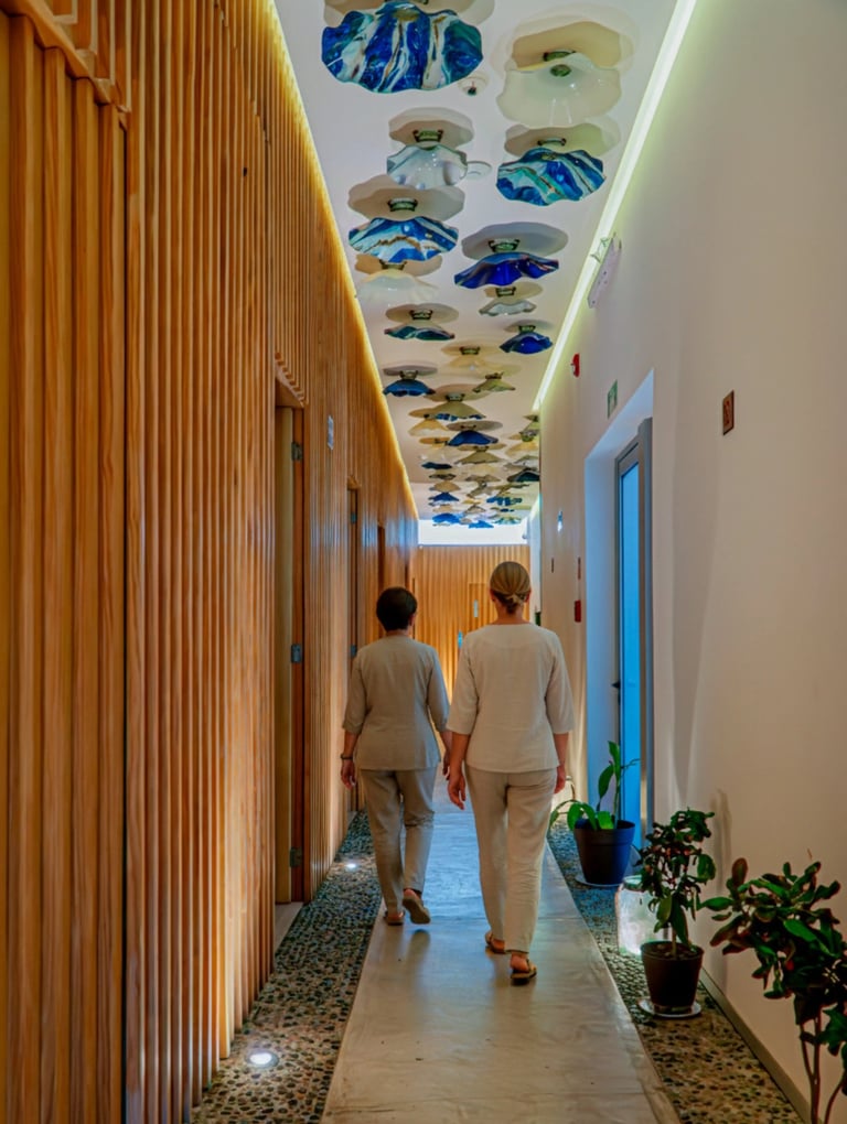 two people walking down a hallway with a ceiling fan