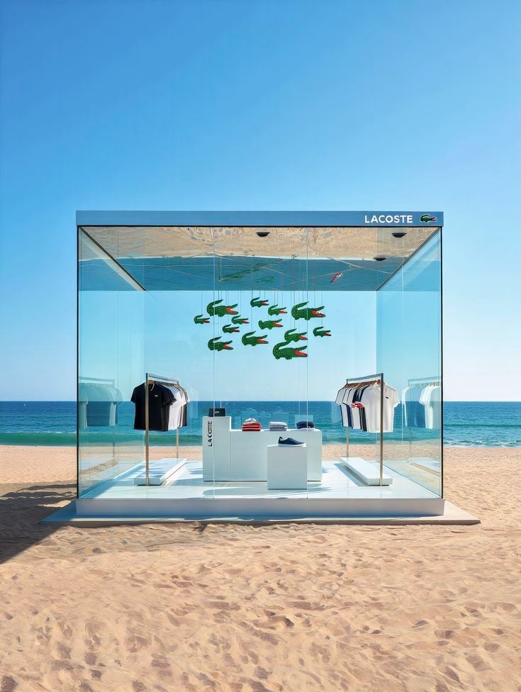 A glass Lacoste pop-up shop on a sandy beach featuring polo shirts and hanging crocodile logos.