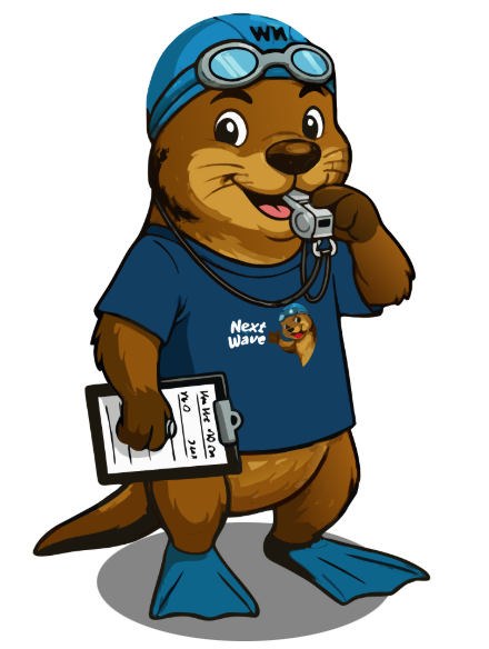 Mascotte van NextWave: een vrolijke otter als zwemlesgever met een fluitje, zwembril en klembord.