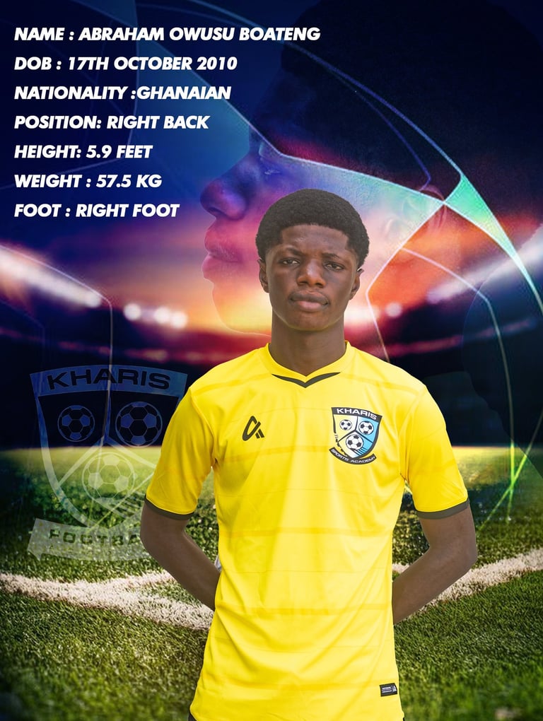 Ghanaian soccer player Abraham Owusu Boateng's Kharis Football Academy profile card.