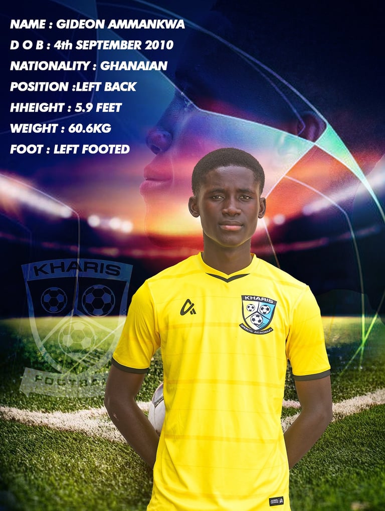 Gideon Ammankwa Ghanaian soccer player profile for Kharis Football Academy with stats and yellow jersey.