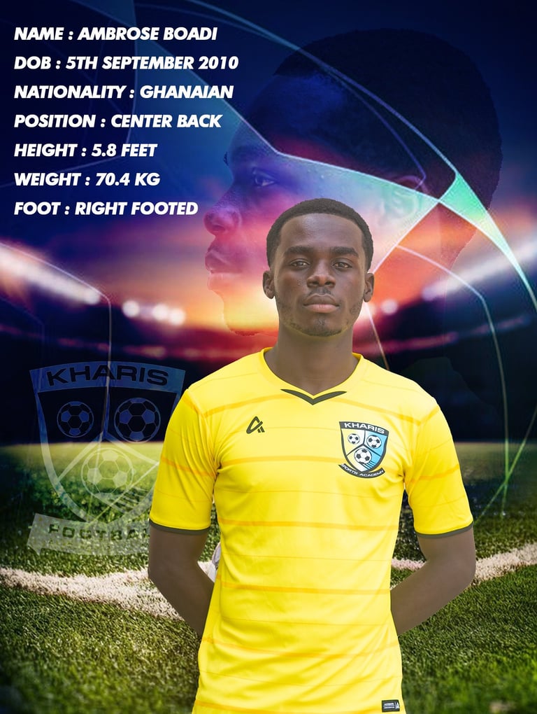 Player profile for Ambrose Boadi, a Ghanaian center back from Kharis Football Academy.