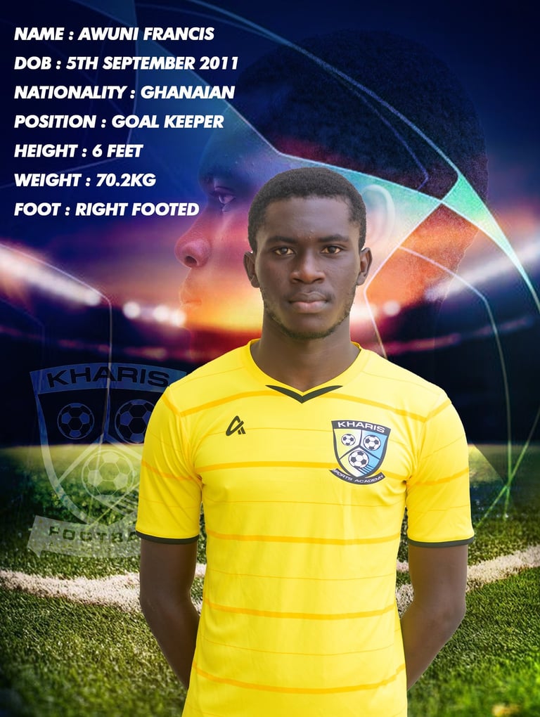 Ghanaian goalkeeper Awuni Francis profile for Kharis Sports Academy in a yellow soccer jersey.