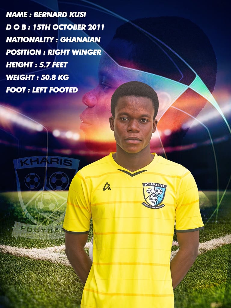 Player profile for Bernard Kusi, a Ghanaian right winger for Kharis Football Academy.