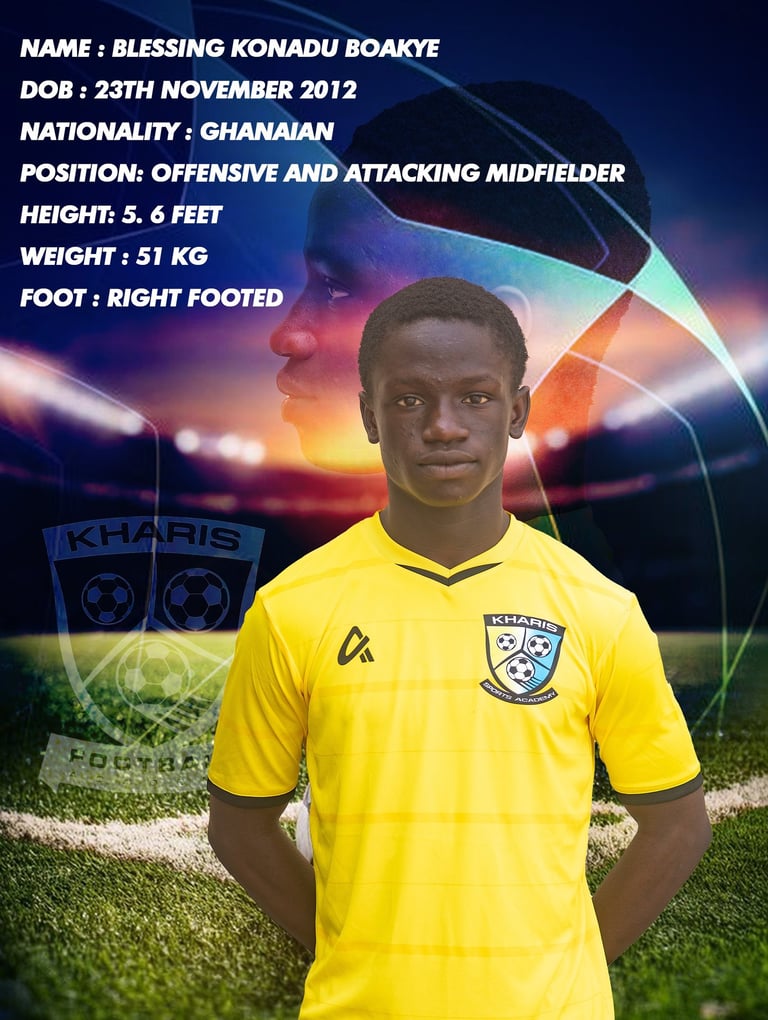 Ghanaian youth football player Blessing Konadu Boakye in a yellow Kharis Sports Academy jersey.