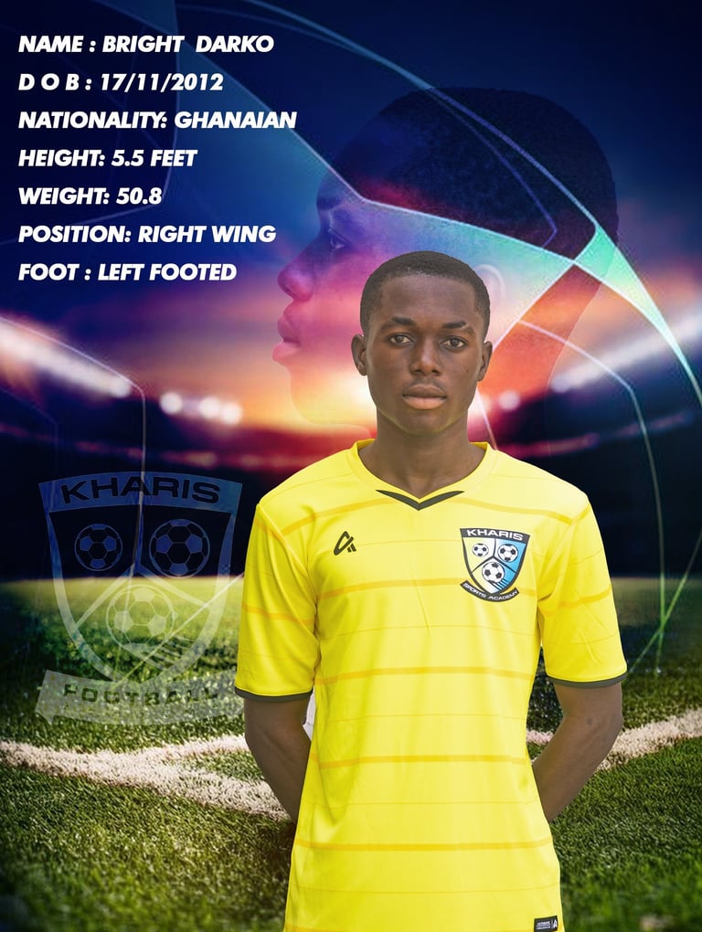 Ghanaian youth football player Bright Darko, a right winger, in his yellow Kharis Football Academy kit.