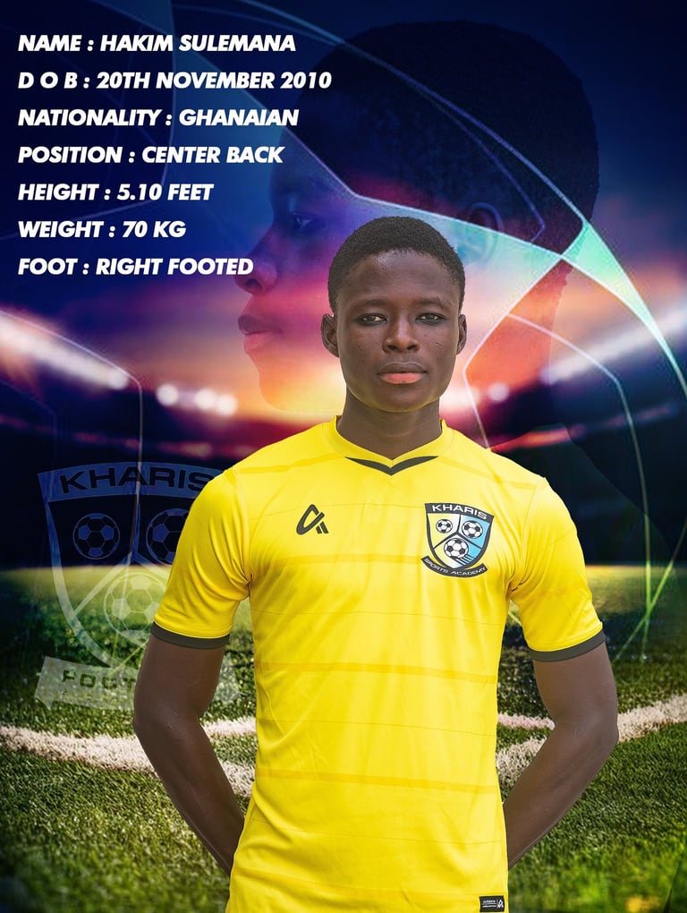 Ghanaian soccer player Hakim Sulemana in a yellow Kharis Football Academy jersey with player statistics.