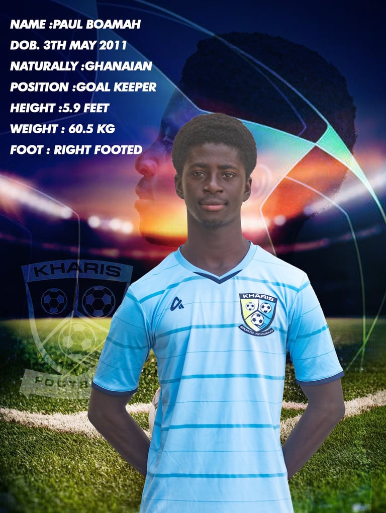 Ghanaian goalkeeper Paul Boamah player profile for Kharis Sports Academy in a blue jersey.