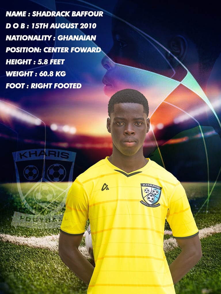 Player profile for Shadrack Baffour, a Ghanaian center forward for Kharis Football Academy in a yellow jersey.